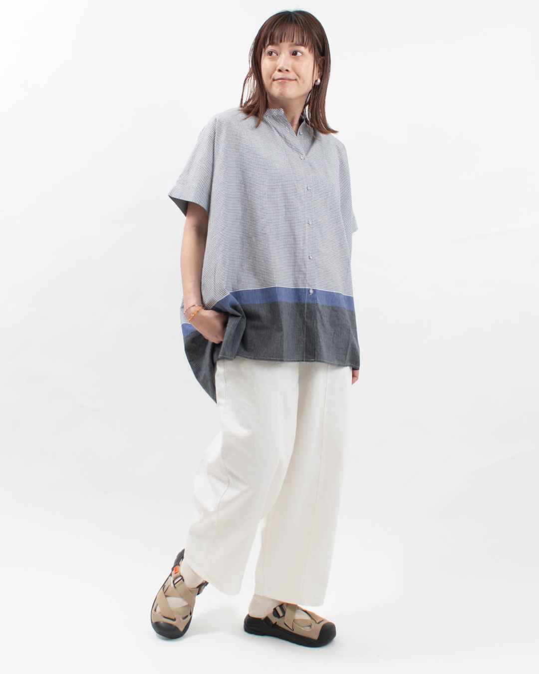 01EUP12310 blue willow コットンリネンパネルチェックチュニック