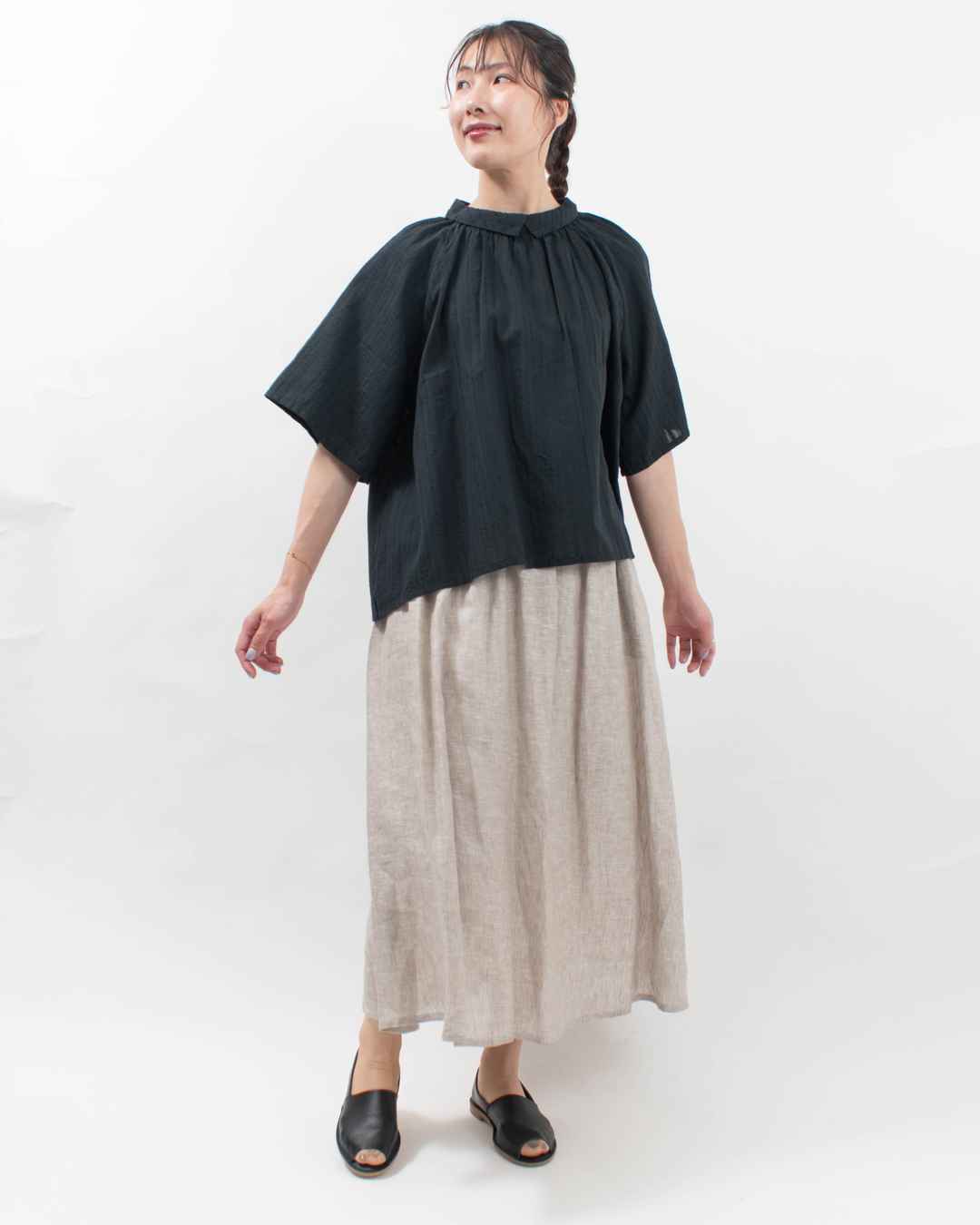 01EUP13303 blue willow リネンガーゼギャザースカート