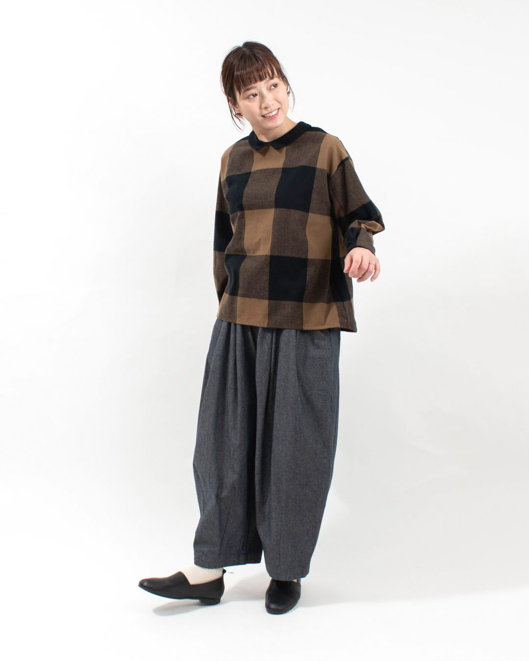 blue willow コットンブロックチェック衿配色ブラウス｜ナチュラルファッション・ナチュラル服の通販