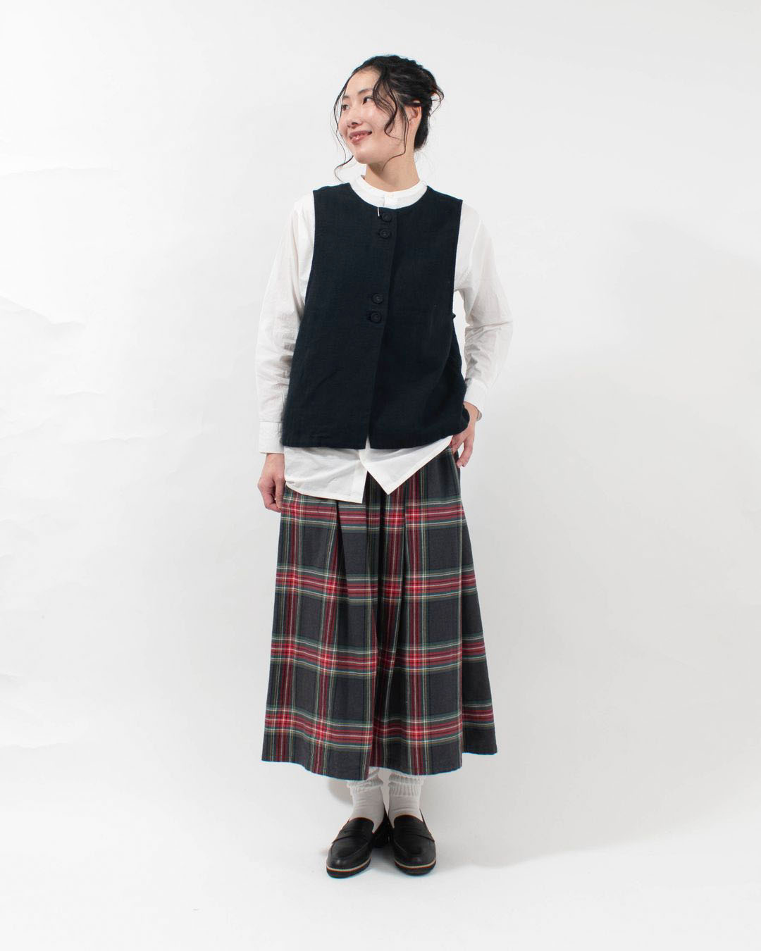 01EWS13603  blue willow コットンリネンチェックギャザースカート