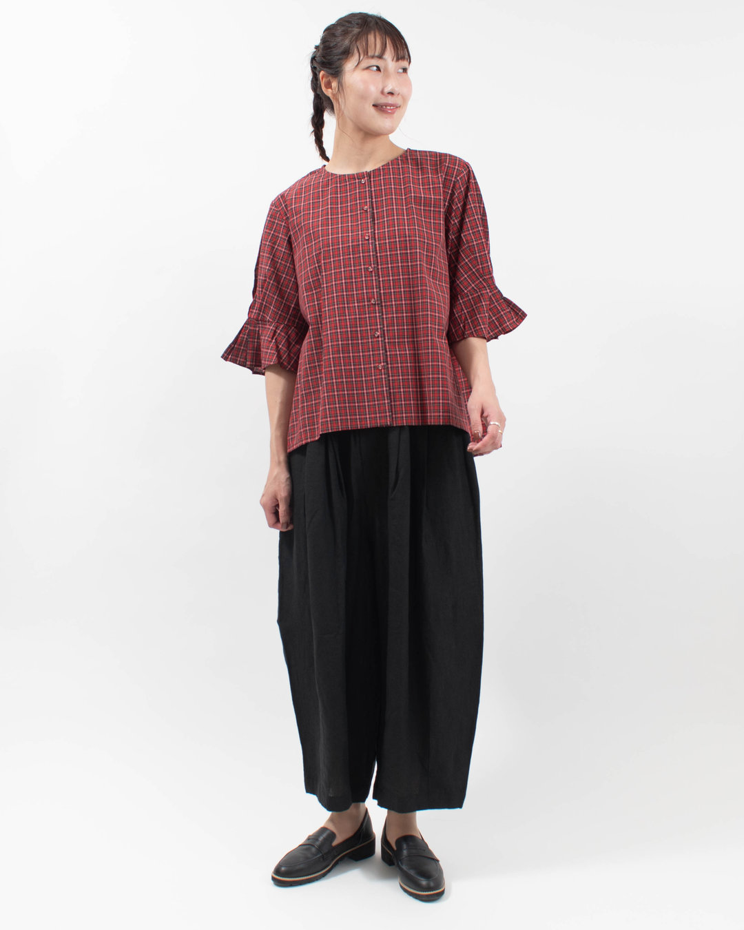 01FFP11405  blue willow コットン細番手タータンチェック袖タックブラウス  