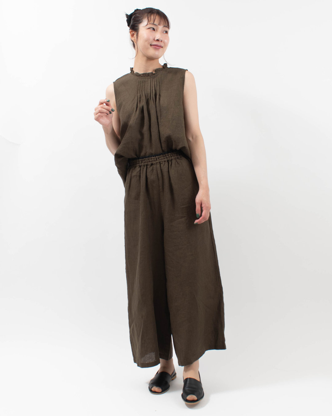 01FUP14309  blue willow リネンウエスト配色ワイドパンツ 