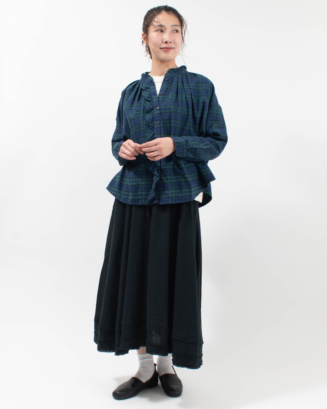 01FWP11505  blue willow コットンチェック 裁ち切りフリルブラウス