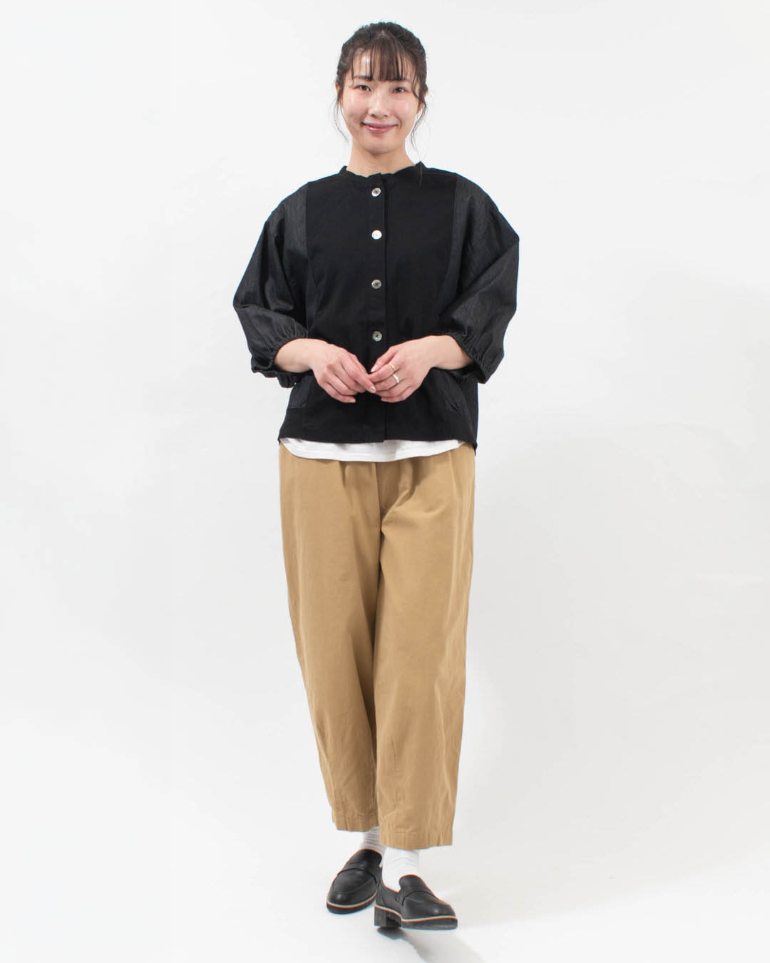 4204592-2  sloe nonfade デニム×天竺 切替え7分袖ブラウス