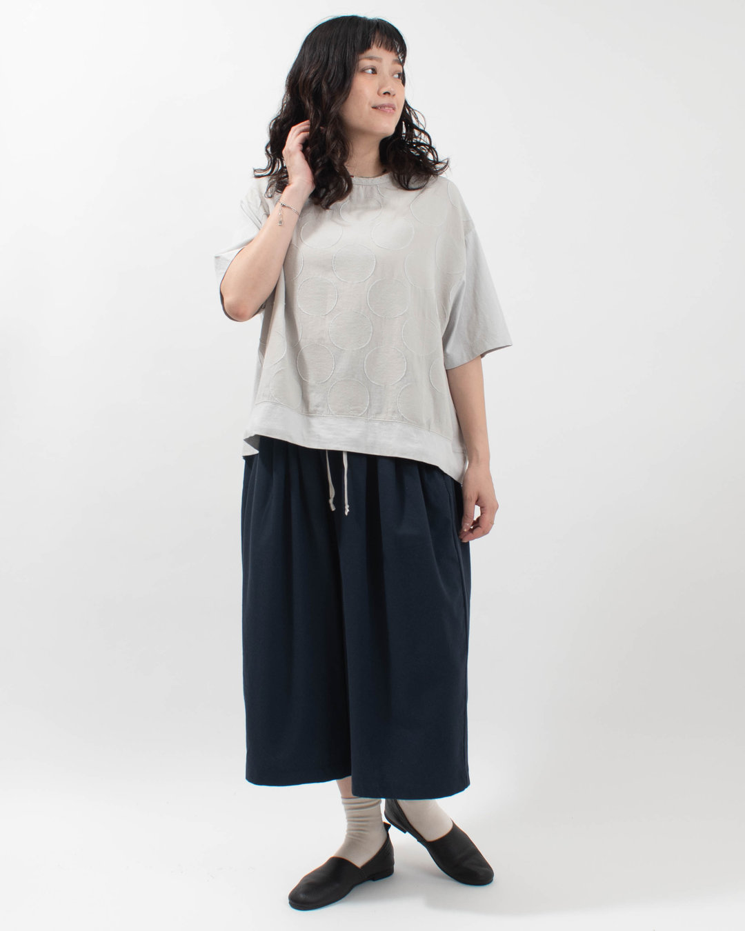4204765  sloe 綿麻大ドットJQ×天竺 切り替え5分袖Tシャツ