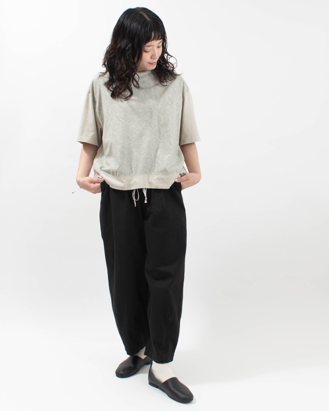 4204765-2  sloe 布帛リーフPRINT×天竺 切り替え5分袖Tシャツ