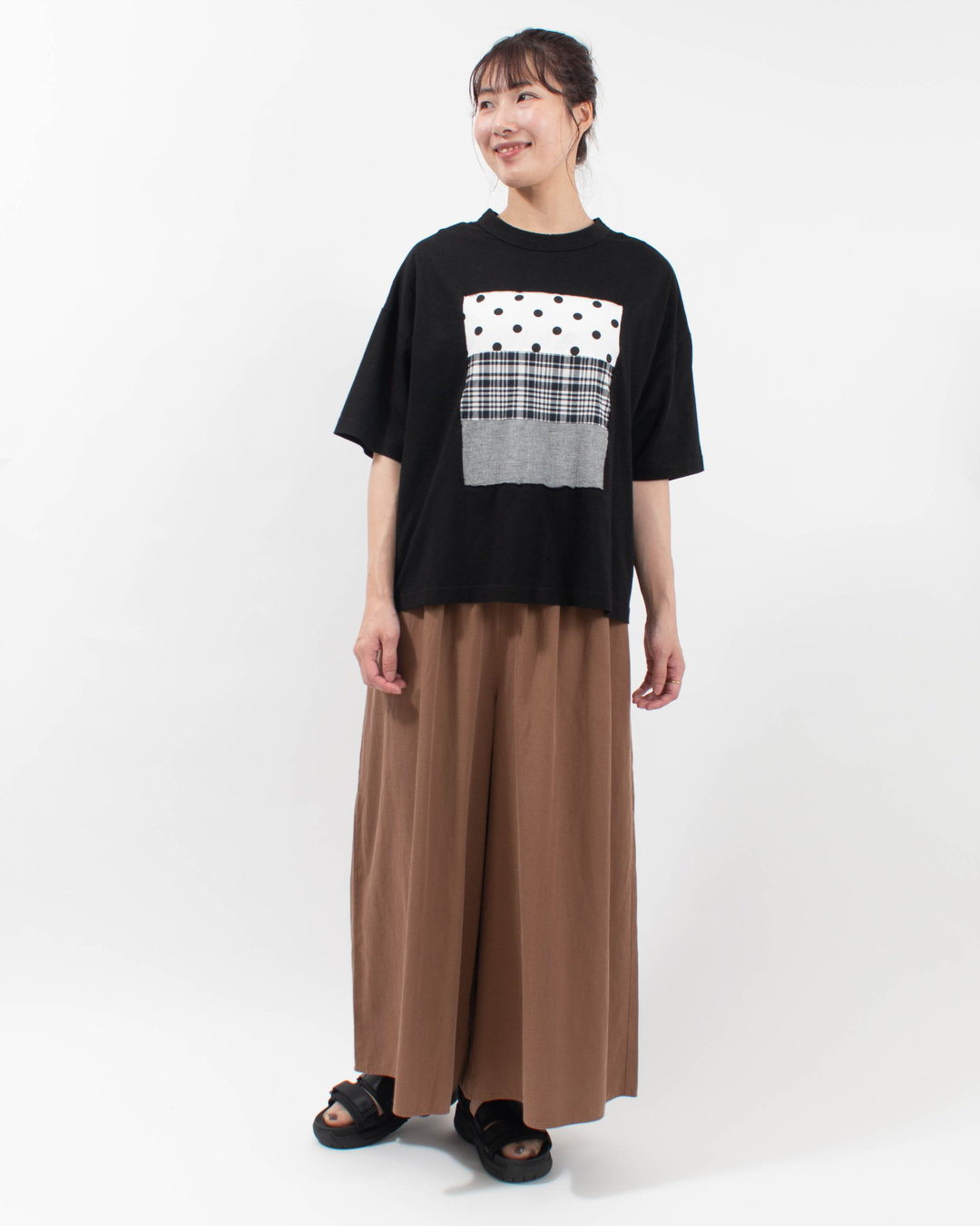 4204774-1  sloe 布帛パッチワーク×天竺 5分袖フレームTシャツ
