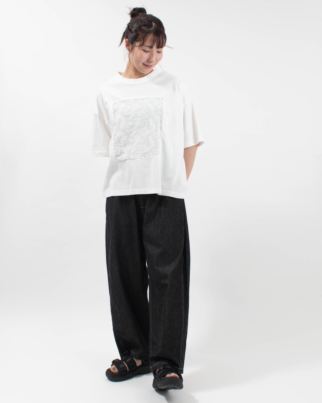 4204774  sloe ペイズリー刺繍×天竺 5分袖フレームTシャツ