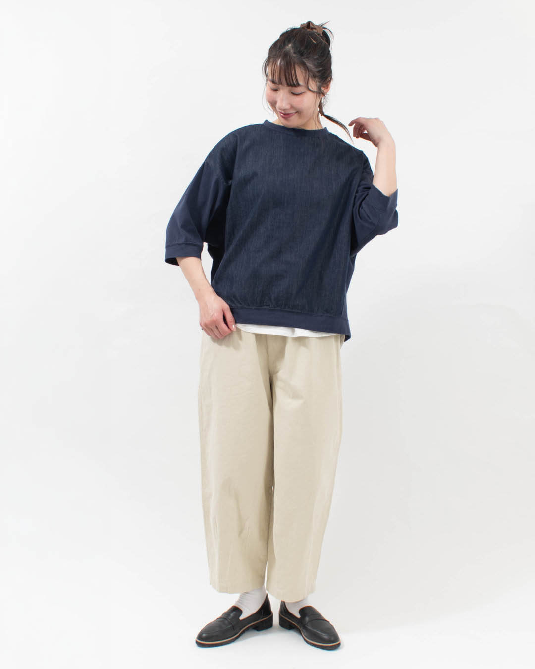 4211749  sloe nonfade デニム×天竺ワイド7分袖ブラウス