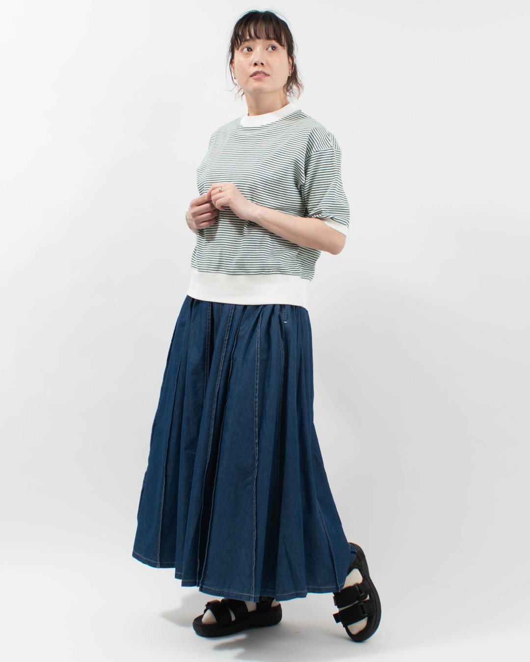 B-521024  BLUE LAKE MARKET アメリカンドライ天竺ボーダー||0.3cピッチ 五分袖ボーダーTee