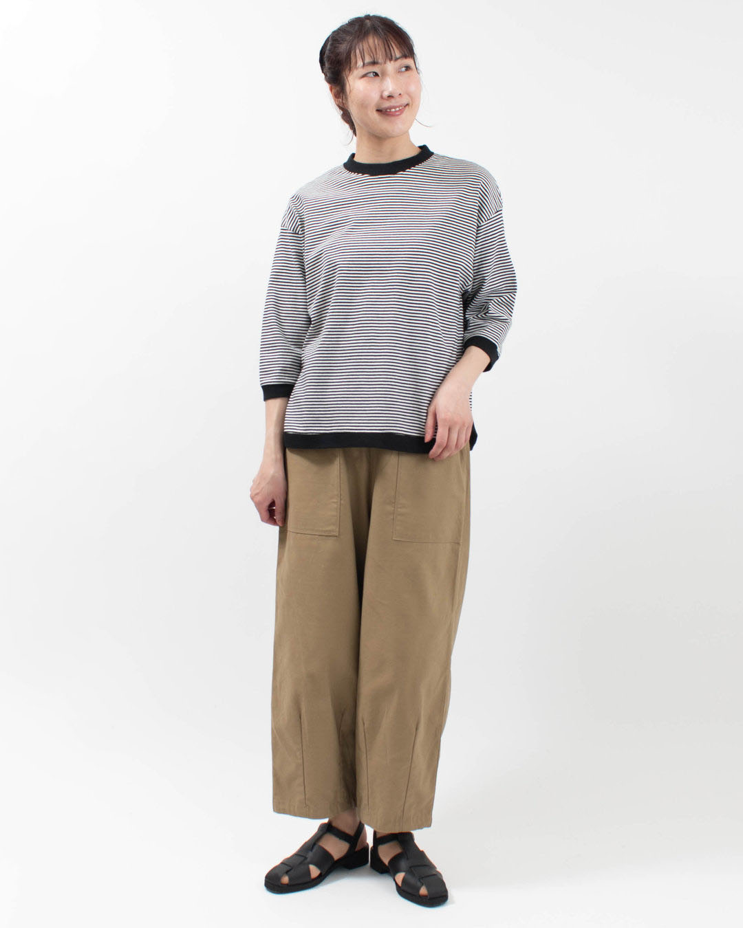 B-522018  BLUE LAKE MARKET アメリカンドライ天竺ボーダー||0.3cmピッチ七部袖ヘムラウンドボーダーTee