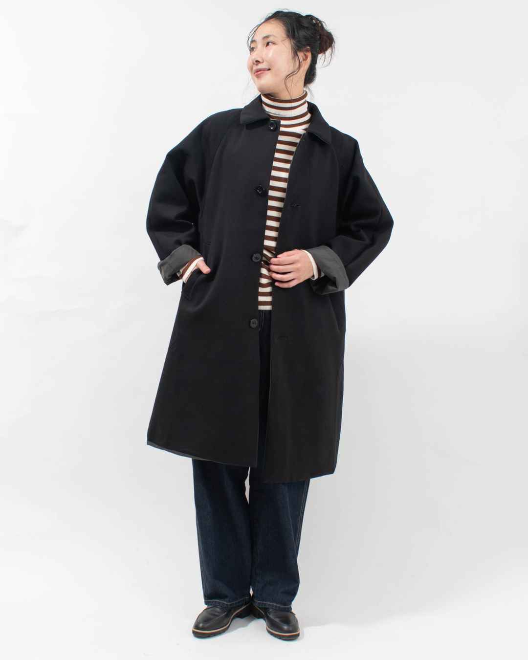 P60601 prit 40/1ダンボールニット×マルーデコットンコンパクトウェザー リバーシブルステンカラーコート