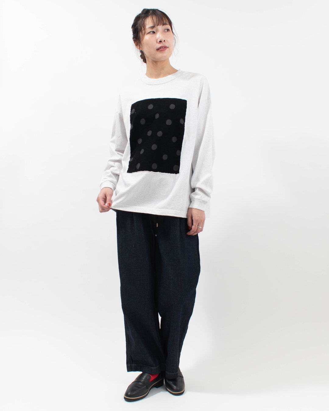 P90715  prit 17/1空紡天竺×シャツコールラフドットプリント ロングスリーブフレームTシャツ