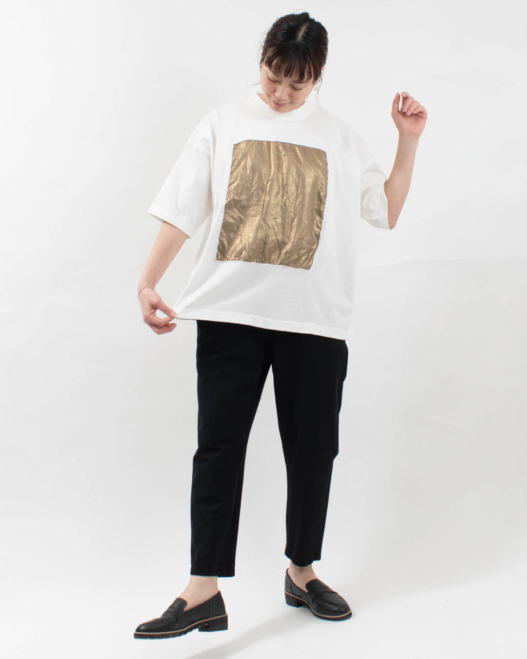 P91605  prit 17/1空紡天竺×40/1リネン箔プリント5分袖フレームＴシャツ
