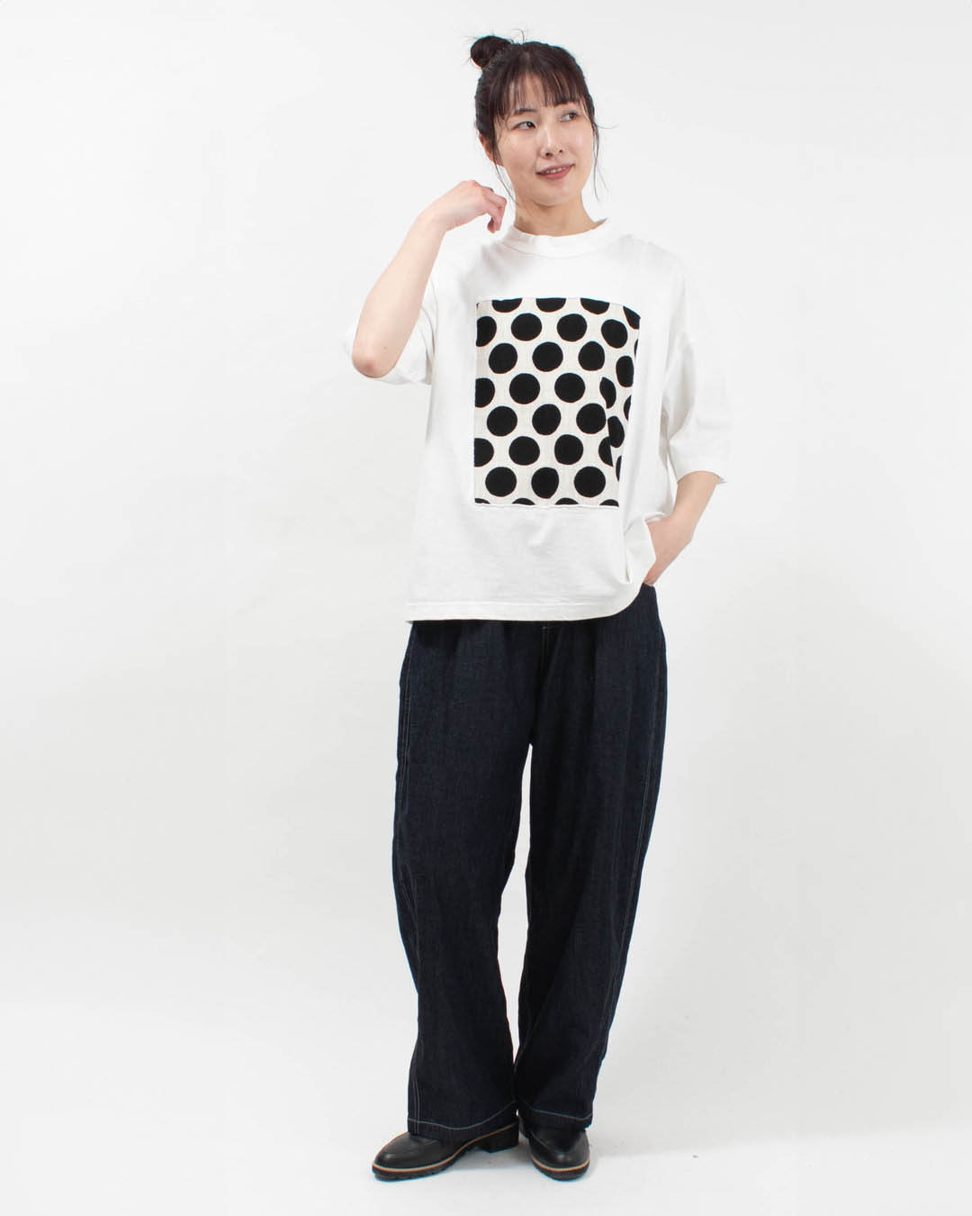 P91638  prit 17/1空紡天竺×10/1ムラ糸プリント5分袖フレームＴシャツ