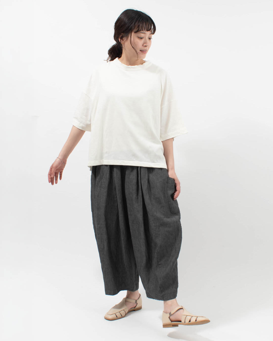 P92614  prit 30/1DEPENDインレイ 5分袖裾ヒモワイドプルオーバー 