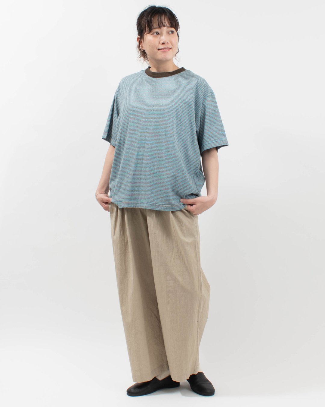 P92620  prit 25/1リサイクルムラ糸天竺ランダムミジンボーダー クルーネックルーズTシャツ
