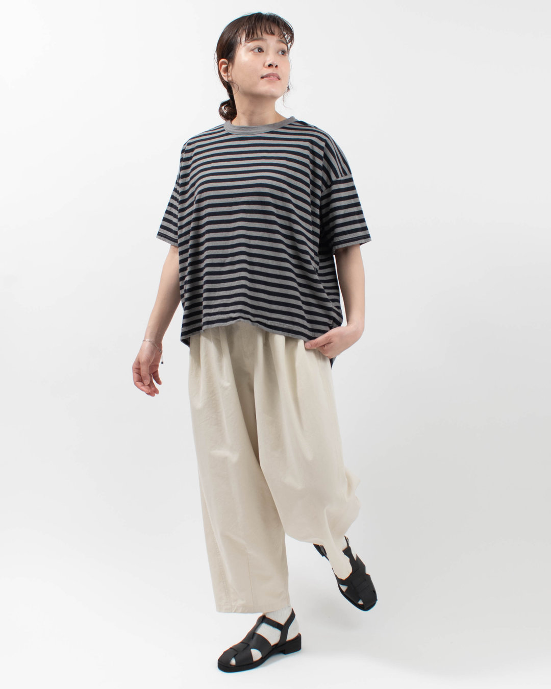 P92635  prit 30/1リサイクルムラ糸天竺ボーダー 5分袖ワイドTシャツ