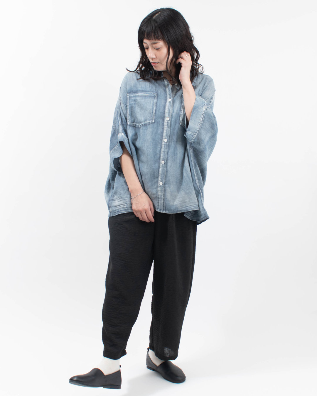 SB-2004  SO[ ] コットンシフォンデニム ドロップショルダーポンチョシャツ  