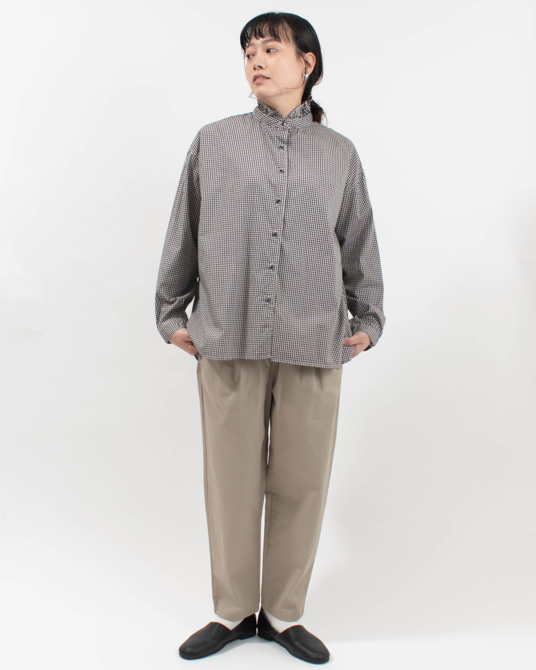 SET-3073  SETTEN 50/-ギンガムブロード/製品染め フリルカラーギンガムシャツ