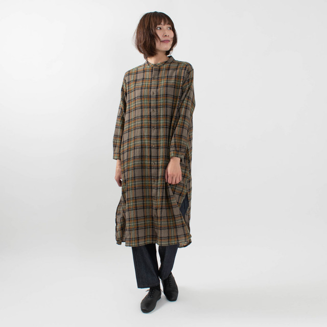 Ichi ウールガーゼチェック バンドカラーワンピース ナチュラルファッション ナチュラル服の通販