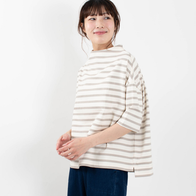 NARU デラヴェジャージーボーダー ボトルネック半袖プルオーバー