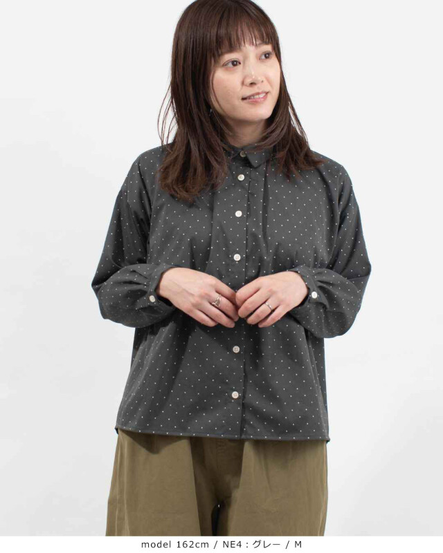 SUN VALLEY ポリエステルツイルドットプリントシャツ｜ナチュラル