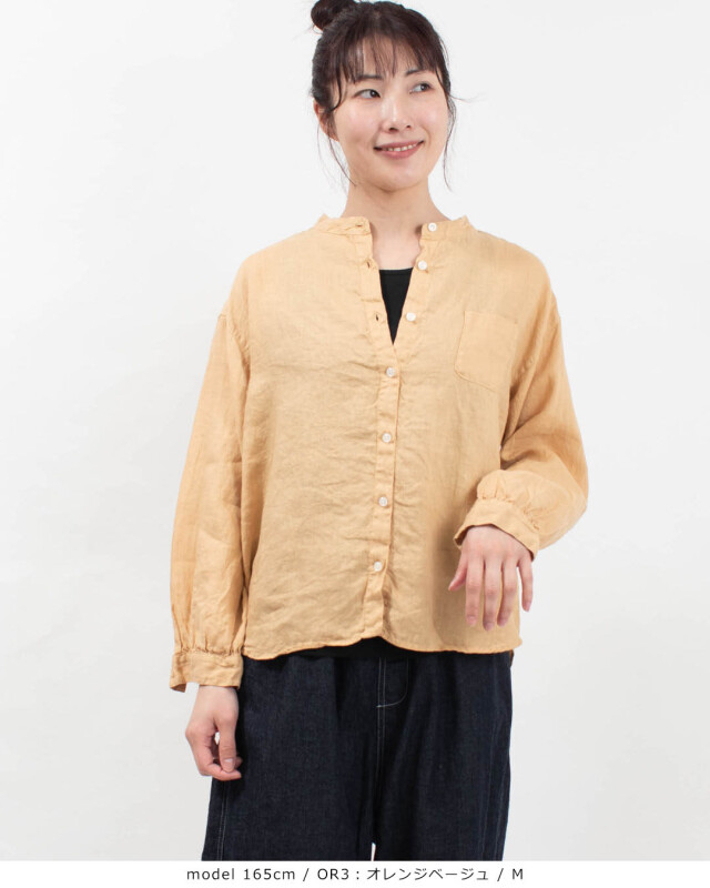 リネンスタンドカラーシャツ ベージュ フレンチリネン スタンドカラーシャツ | GALERIE VIE (Women